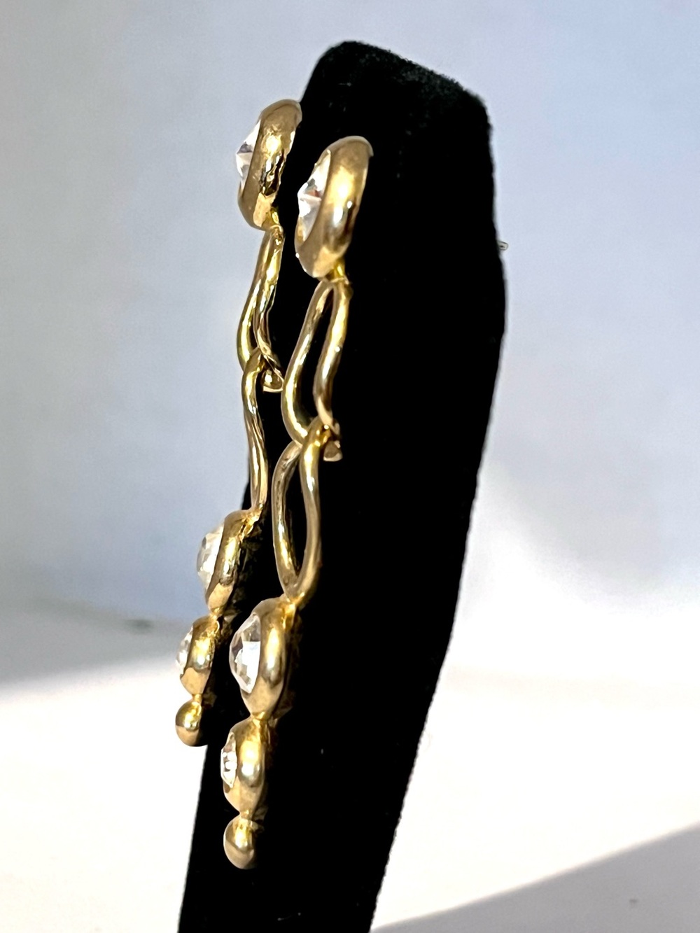 Vintage Large Gold Tone Dangle Earrings with Clear Rhinestones, Formal, Bridal - Picture 3 of 5
